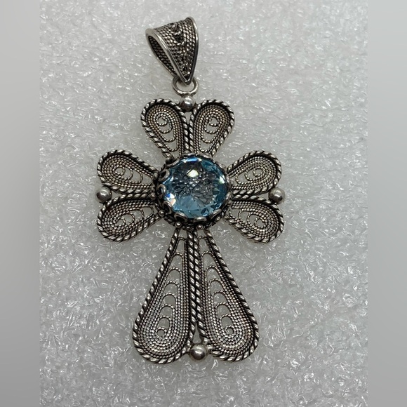 Vtg Sterling & Topaz Filigree Large Cross Pendant - DGS Turkey / 2.3” Length - Picture 3 of 11